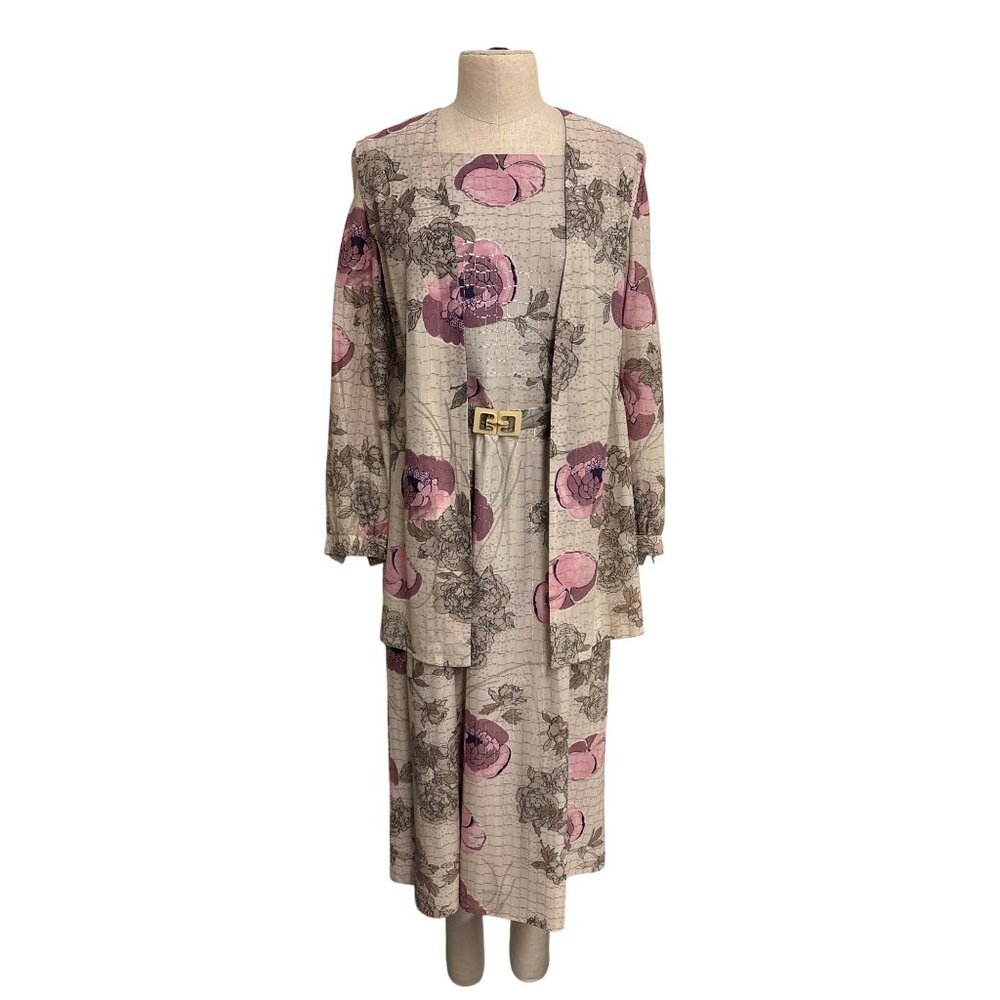 Vintage Handmade Floral Two-Piece Dress and Jacket Set With Gold-Tone Buckle Bel